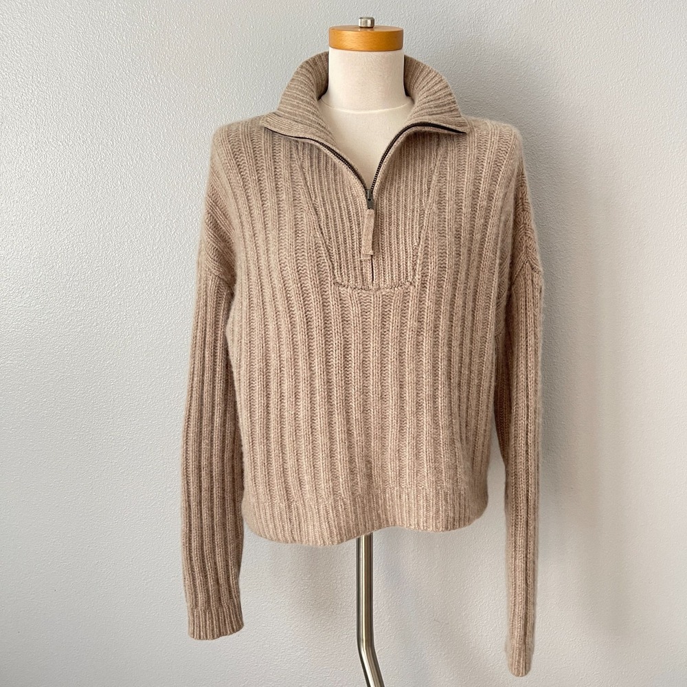 NakedCashmere Ribbed Mock Turtleneck Sweater L Mink Light Brown 100% Cashmere